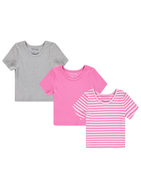Active Girls T-Shirts 3 Pack – Short Sleeve Ribbed Crewneck Tees, Soft Stretch Casual Everyday Tops for Girls