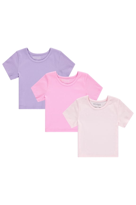 Active Girls T-Shirts 3 Pack – Short Sleeve Ribbed Crewneck Tees, Soft Stretch Casual Everyday Tops for Girls