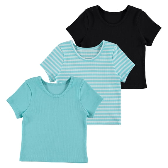 Btween Active Girls T-Shirts 3 Pack – Short Sleeve Ribbed Crewneck Tees, Soft Stretch Casual Everyday Tops for Girls