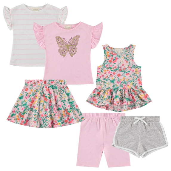 BTween Girls 6 Pack Casual Outfit Bundle with Ruffle Sleeve Tees, Peplum Tank Top, Skirt, Dolphin and Biker Shorts