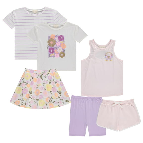 BTween Girls 6 Pack Casual Outfit Bundle with Ruffle Sleeve Tees, Peplum Tank Top, Skirt, Dolphin and Biker Shorts