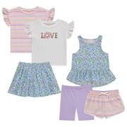 BTween Girls 6 Pack Casual Outfit Bundle with Ruffle Sleeve Tees, Peplum Tank Top, Skirt, Dolphin and Biker Shorts
