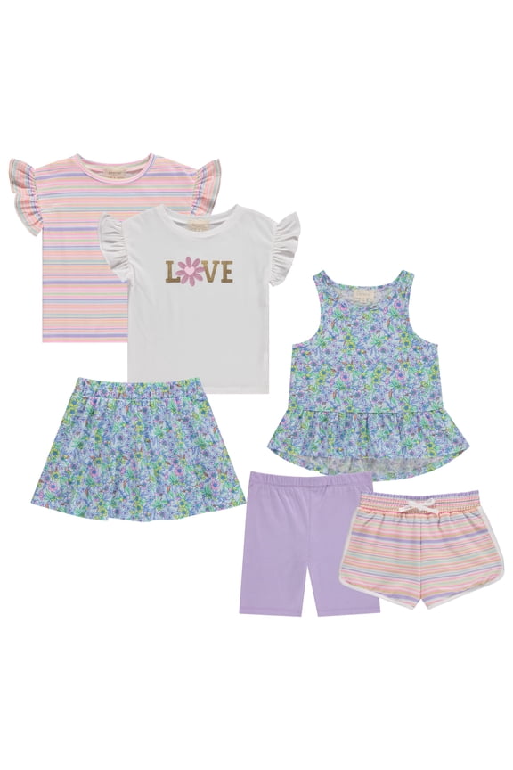 Girls 6 Pack Casual Outfit Bundle with Ruffle Sleeve Tees, Peplum Tank Top, Skirt, Dolphin and Biker Shorts