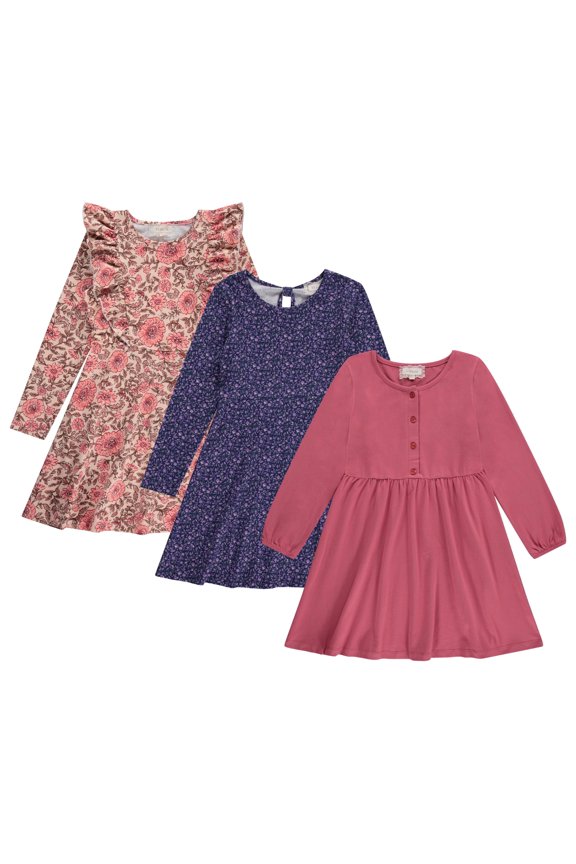 Girls Long Sleeve Dresses, 3 Pack Soft Cotton Casual Dresses for Kids Mauve, Size 10/12
