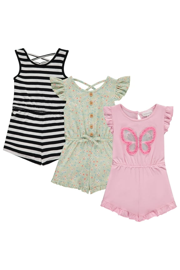 Girls’ 3-Pack Romper Set – Cute & Comfy Sleeveless Summer Jumpsuits for Kids – Floral, Striped & Solid Designs (4-16)