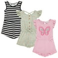 thumbnail image 1 of BTween Girls’ 3-Pack Romper Set – Cute & Comfy Sleeveless Summer Jumpsuits for Kids – Floral, Striped & Solid Designs (4-16), 1 of 4