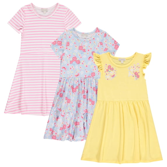 Btween Girls Dresses 3 Pack Short Sleeve Skater, Tiered & Ruffle Sleeve Dresses, Soft Brushed ITY Fabric