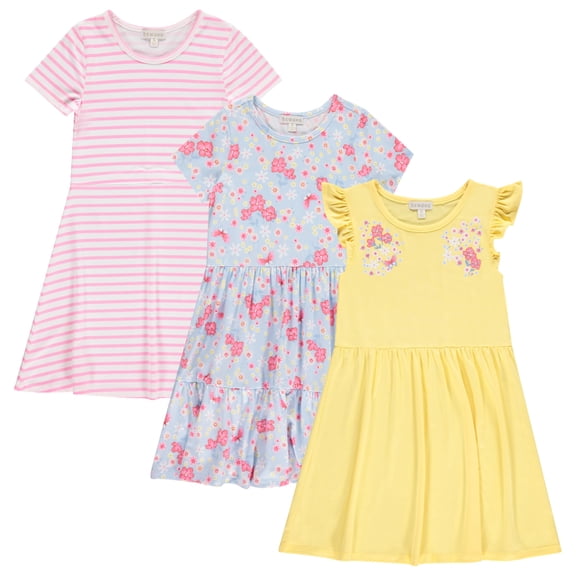 Btween Girls Dresses 3 Pack Short Sleeve Skater, Tiered & Ruffle Sleeve Dresses, Soft Brushed ITY Fabric