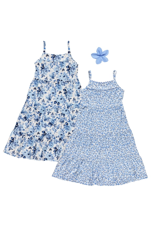 Girls Maxi Dresses 2 Pack Sleeveless Floral Tiered Summer Dresses, Lightweight Soft Fabric, Casual Spring & Vacation Dresses