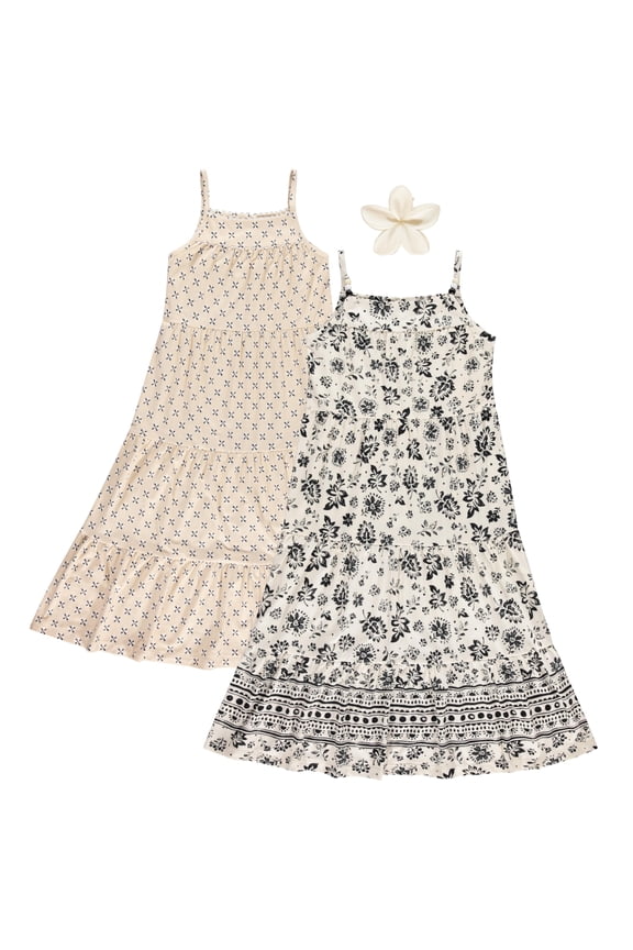 Girls Maxi Dresses 2 Pack Sleeveless Floral Tiered Summer Dresses, Lightweight Soft Fabric, Casual Spring & Vacation Dresses