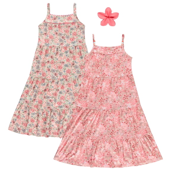 Btween Girls Maxi Dresses 2 Pack Sleeveless Floral Tiered Summer Dresses, Lightweight Soft Fabric, Casual Spring & Vacation Dresses