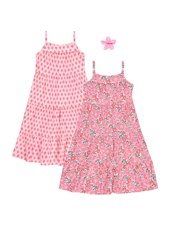 Girls Maxi Dresses 2 Pack Sleeveless Floral Tiered Summer Dresses, Lightweight Soft Fabric, Casual Spring & Vacation Dresses