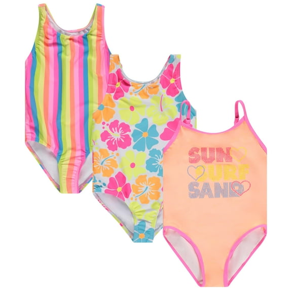 BTween Girls Multi Pack One Piece Swimwear Unique Colors and Patterns, Sizes 4-16 for Kids and Toddlers