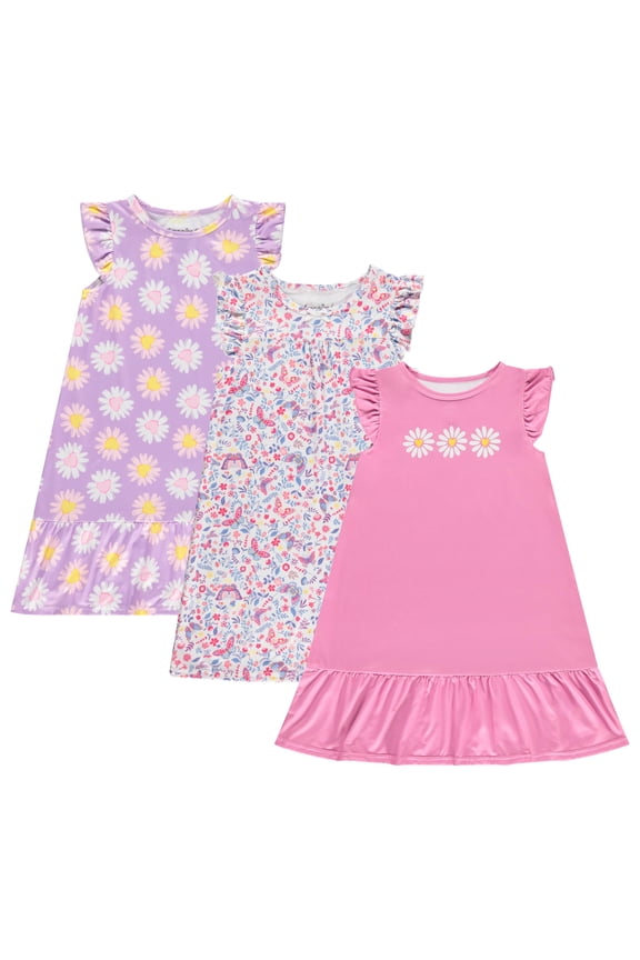 Girls Nightgowns – 3 Pack Soft Ruffle Sleeve Sleep Shirts, Brushed ITY Fabric, Floral & Heart Prints, Toddler & Big Girls Pajamas