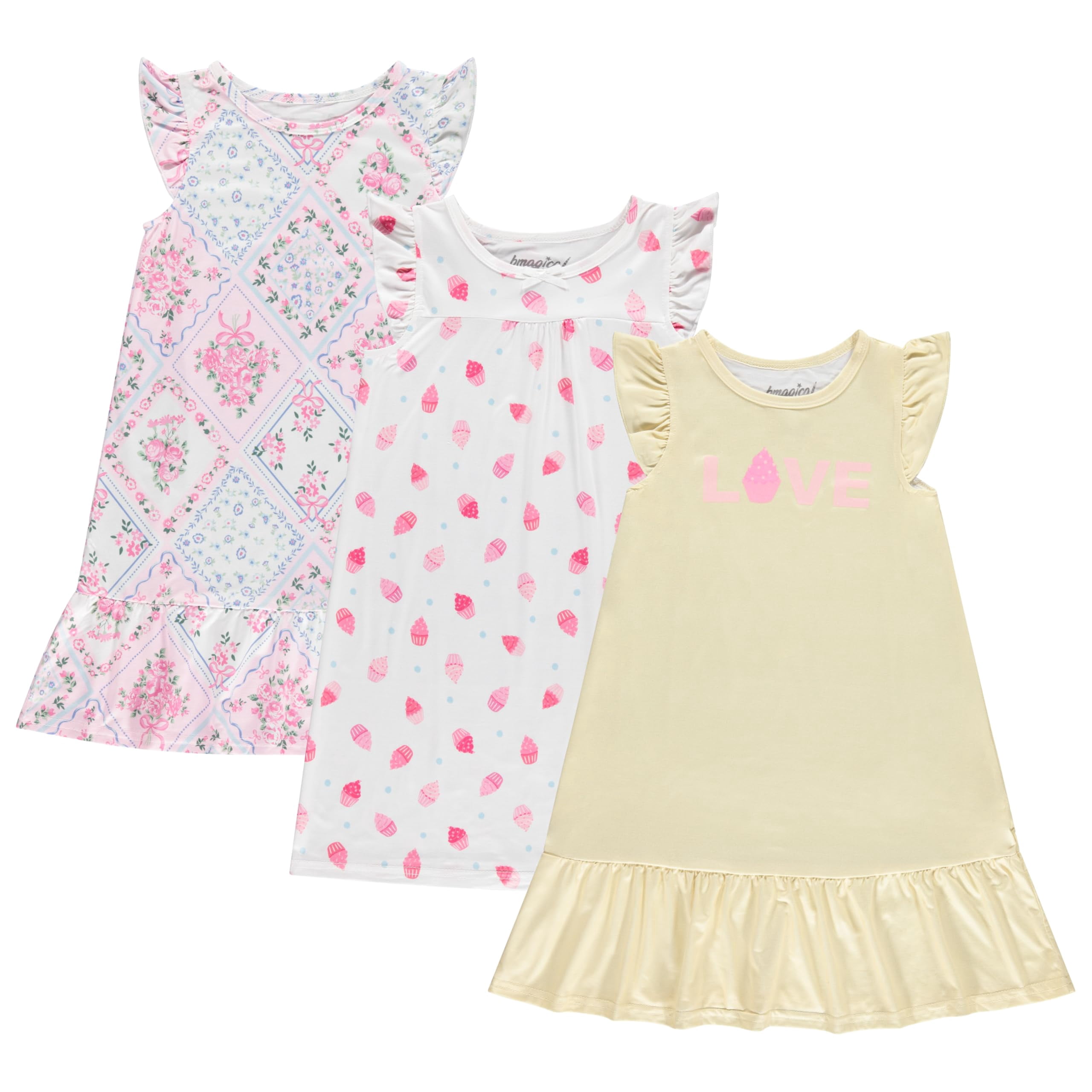 Btween Girls Nightgowns – 3 Pack Soft Ruffle Sleeve Sleep Shirts ...