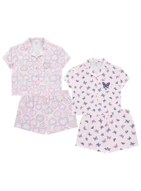 Girls Pajama Set 4 Pack Short Sleeve Button-Down Sleepwear with Shorts, Soft Brushed ITY Fabric
