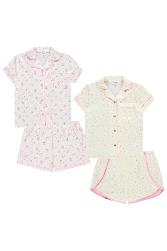 Girls Pajama Set 4 Pack Short Sleeve Button-Down Sleepwear with Shorts, Soft Brushed ITY Fabric