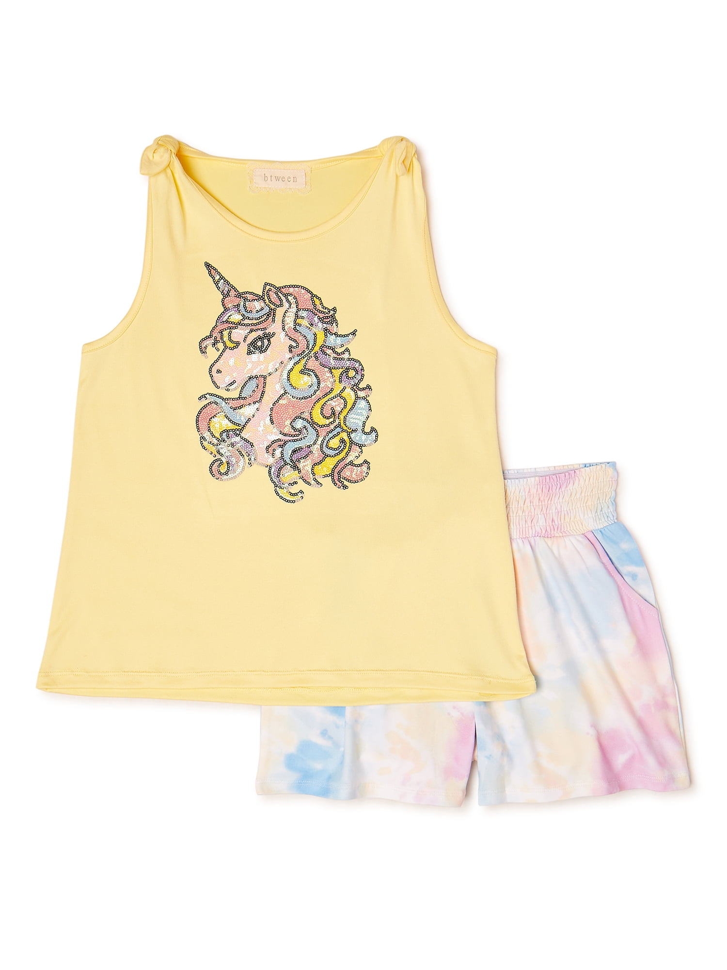 Btween Girls Sequin Tie Shoulder Tank Top and Tie Dye Shirred Shorts, 2-Piece Outfit Set, Sizes 4-12