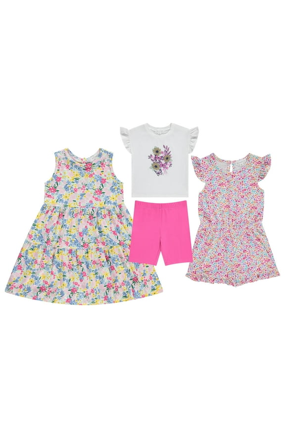 Girls Mix And Match Set 4-Pack Soft Cotton Blend, Shirt. Biker Short, Dress and Romper, Vpink, 7/8