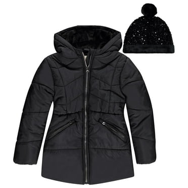 BTween Girls' Puffer Jacket, Warm and Lightweight Winter Coat, Water-Resistant, Hooded Outerwear for Kids, Jeblk, Sizes 7/8