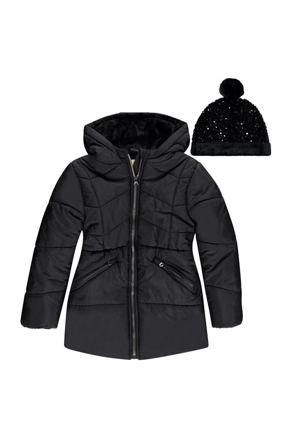Girls' Puffer Jacket, Warm and Lightweight Winter Coat, Water-Resistant, Hooded Outerwear for Kids, Jeblk, Sizes 4/5
