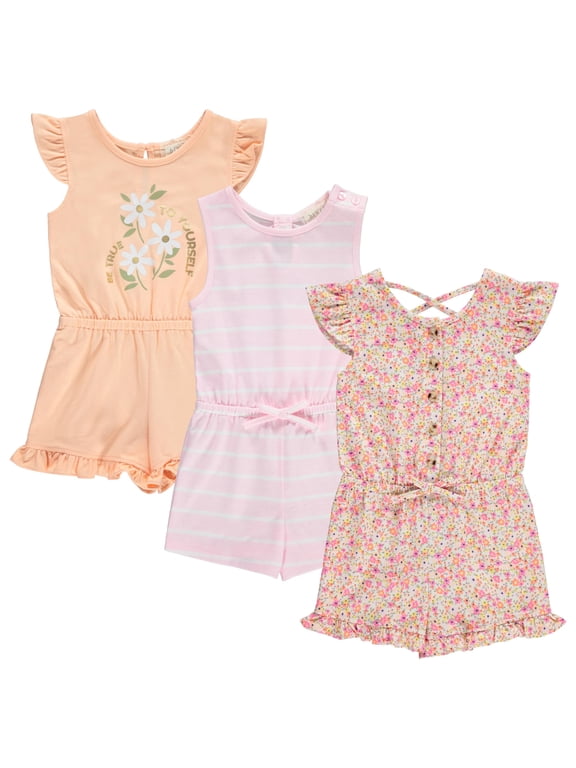 Girls’ 3-Pack Romper Set – Cute & Comfy Sleeveless Summer Jumpsuits for Kids – Floral, Striped & Solid Designs (4-16)