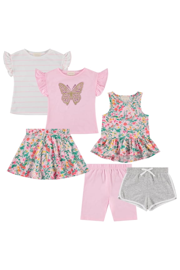 Girls 6-Pack Casual Outfit Bundle with Ruffle Sleeve Tees, Peplum Tank Top, Skirt, Dolphin and Biker Shorts