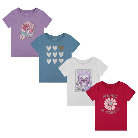 BTween Girls 4 Piece Tops Fashionable Short Sleeve T-Shirt Casual Daily Shirt for Kids, BLUE ,4/5
