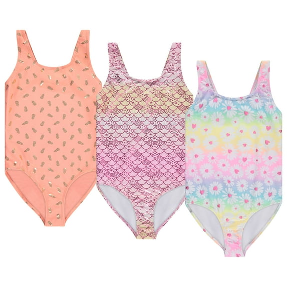 BTween Girls Multi Pack One Piece Swimwear Unique Colors and Patterns, Sizes 4-16 for Kids and Toddlers