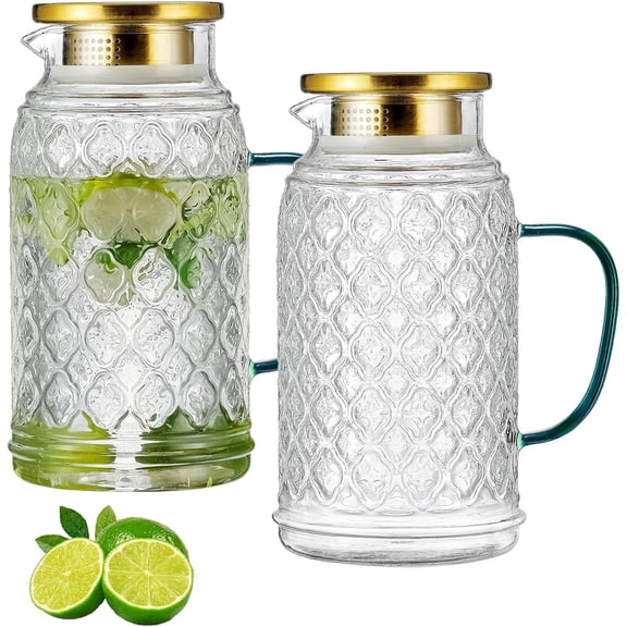 Buaic Glass Pitcher with Lid, 2 PACK 68 oz/2 Liter Vintage Water Pitcher, Clear Borosilicate Carafe for Cold Brew, Coffee, Lemonade, Iced Sun Tea,Beverage, Milk, Heat Resistant