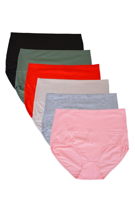 6 Pack Women's High Waist Tummy Control Cotton Underwear Solid Color Brief Panties,Size 5