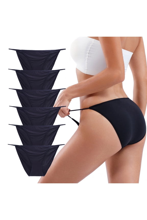6 Pack Women's Low-Rise String Bikini Panty Stretch Briefs(Black,Size7)