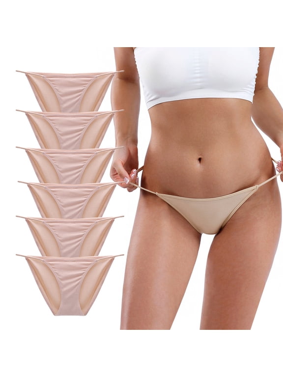 6 Pack Women's Low-Rise String Bikini Panty Stretch Briefs(Nude,Size4)