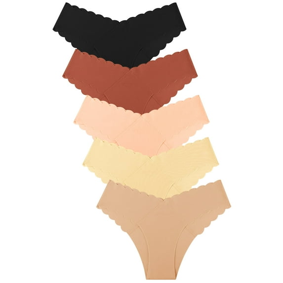 Buankoxy Bikini Underwear Women V Cut Cheeky Seamless Panties Hipster Wave Edge Low Rise Soft Stretch Briefs 5 Pack,Size 5