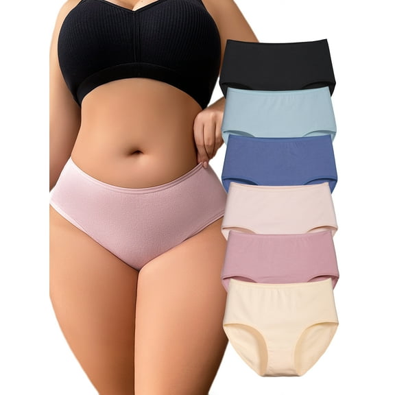 Buankoxy 6 Pack Women's Cotton Underwear Mid Waisted Full Coverage Panties Breathable Briefs,Size 7