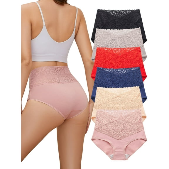 Buankoxy High Waisted Underwear for Women Cotton Breathable Briefs Lace Panties 6 Pack,Size 6