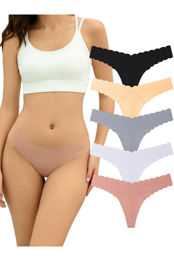 Seamless Thongs for Women No Show Underwear Invisible Silky Panties V-waisted Wavy Edge Panties 5 Pack,Size 7