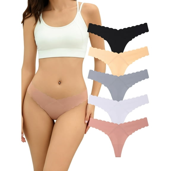 Buankoxy Seamless Thongs for Women No Show Underwear Invisible Silky Panties V-waisted Wavy Edge Panties 5 Pack,Size 8
