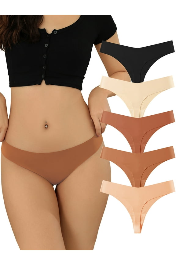 Seamless Thongs for Women No Show Underwear V Waisted Comfortable Sexy Thong Panties 5 Pack,Size 6