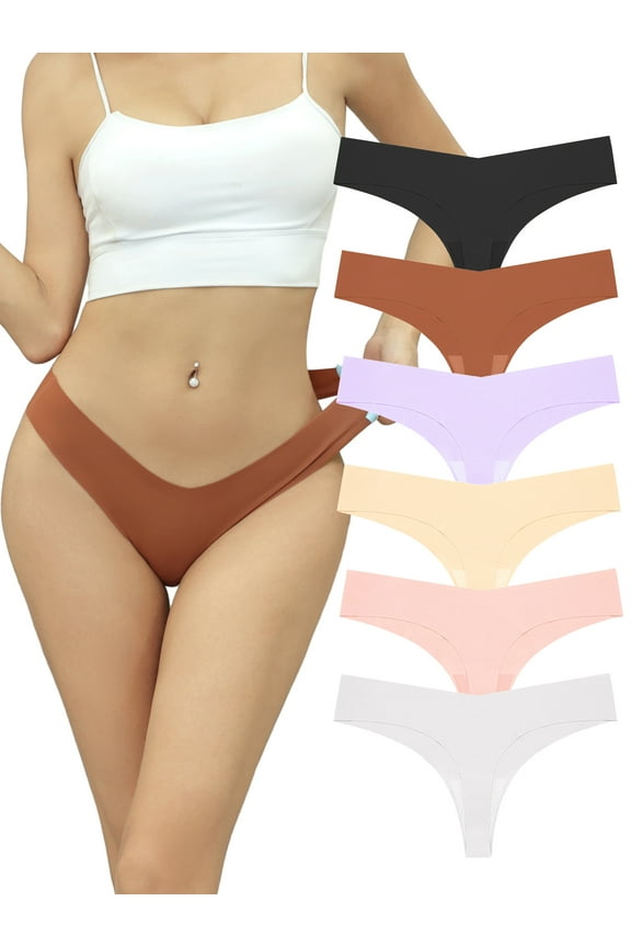 Seamless Thongs for Women V-Cut Bikini Panties No Show Thong Underwear,6-Pack,Size 8
