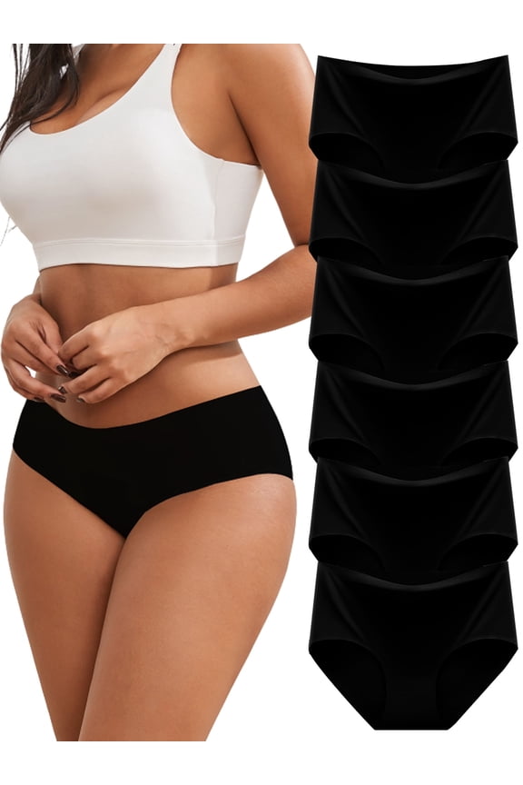 Seamless Underwear for Women No Show Panties Mid Rise Briefs, 6-Pack, Black, Size 6