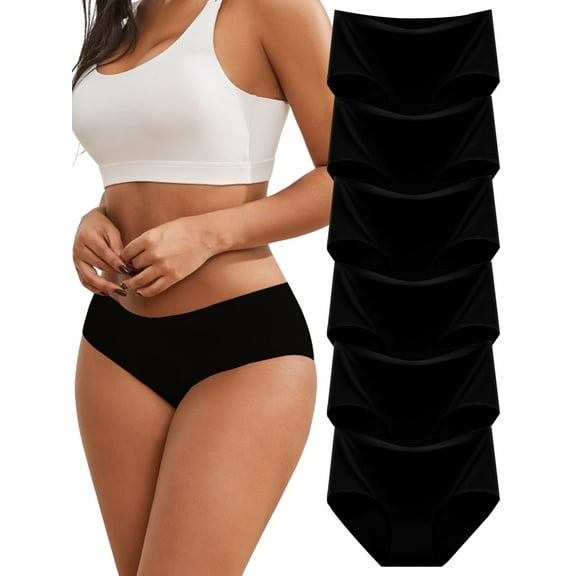 Buankoxy Seamless Underwear for Women No Show Panties Mid Rise Briefs, 6-Pack, Black, Size 8