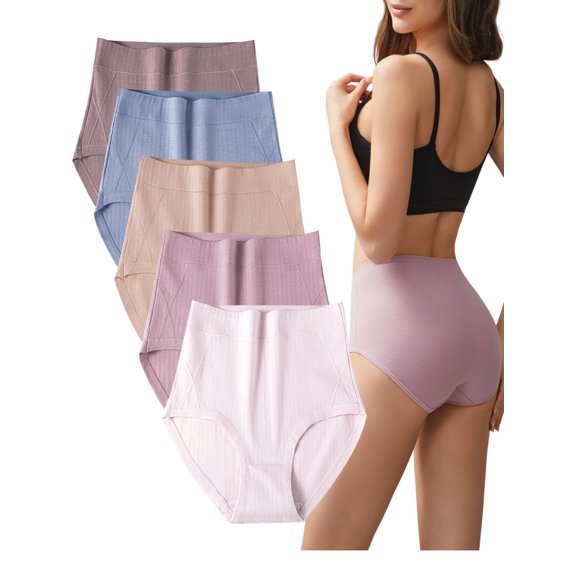 Buankoxy Women's Cotton Underwear Stretchy Briefs Full Coverage Panties for Women High Waisted Ladies Panties 5 Pack, Size 6