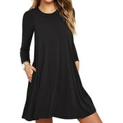 Buankoxy Women's Long Sleeve Casual Swing T-Shirt Dresses with Pockets,Black,Size M