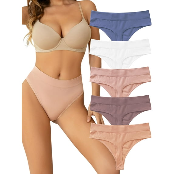 Buankoxy Women's No Show Thongs Low Rise Comfortable Stretch Hipster Underwear 5 Pack,Size 6