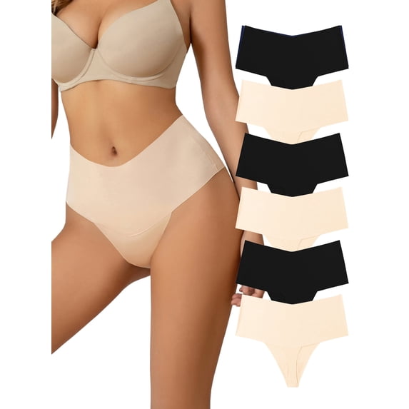 Buankoxy Women's Seamless Thongs Mid Waisted Comfortable Underwear for Women 6 Pack,Size 5