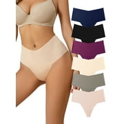 Buankoxy Women's Seamless Thongs Mid Waisted Comfortable Underwear for Women 6 Pack,Size 5