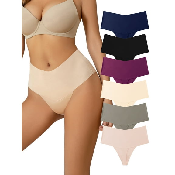 Buankoxy Women's Seamless Thongs Mid Waisted Comfortable Underwear for Women 6 Pack,Size 6