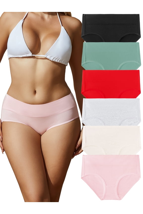 Womens Underwear Cotton Hipster Panties Mid Rise Briefs Wide Waistband 6 Pack, Size 9