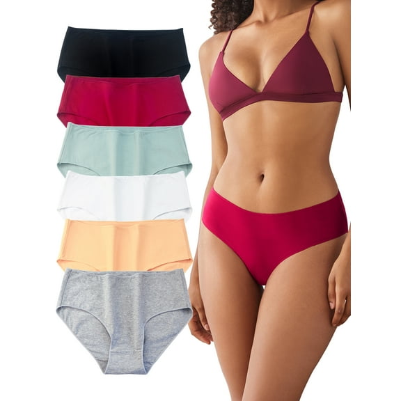 Buankoxy Womens Underwear Cotton Mid Rise Bikini Panties Full Coverage Hipster Panty 6 Pack, Size 6